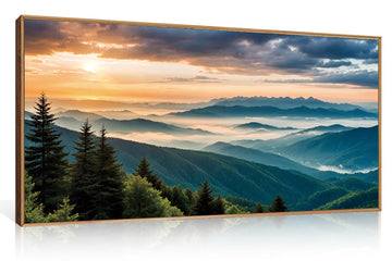 Large Nature Mountain Sunrise Framed Canvas Wall Art, Modern Misty Tree Wall Decor, Boho Forest Green Landscape