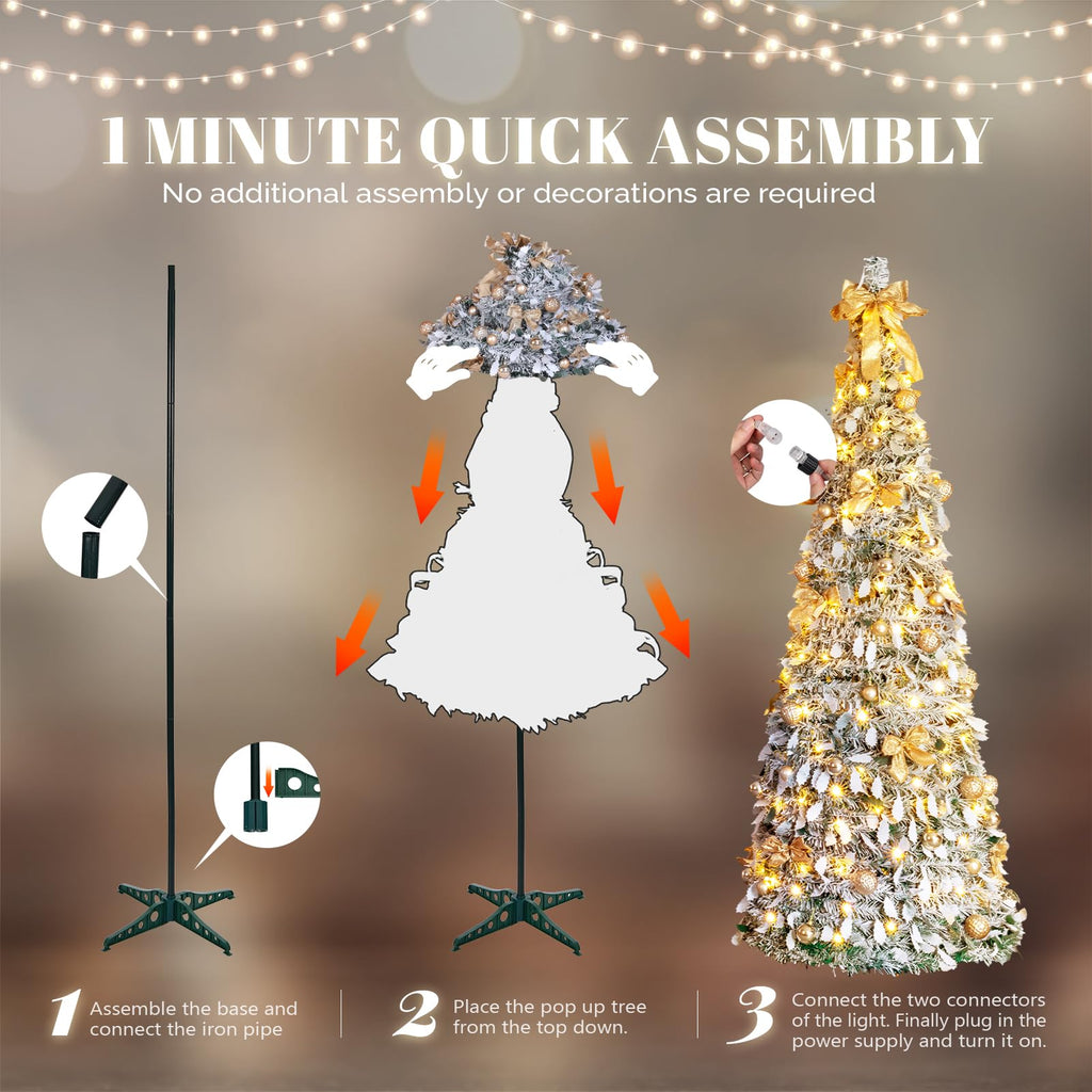 6ft Pre Lit Pop Up w/ 100 Lights, Fully Decorated Flocked Pencil, Collapsible Xmas Tree for Holiday Party