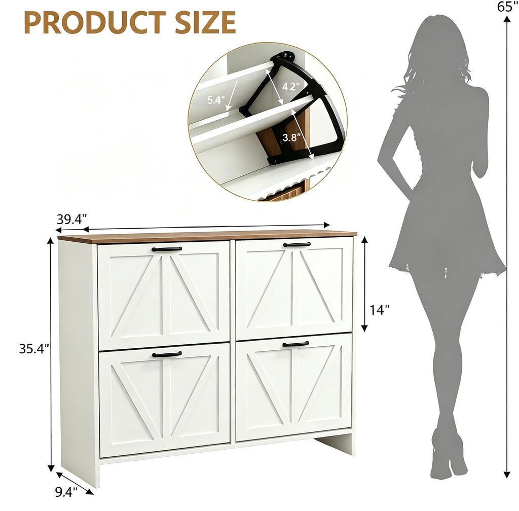 Shaker Barn Door Shoe Cabinet, 4 Flip Drawers & 3Tier Adjustable Shelves, Ultra Slim Freestanding, Modern Rustic