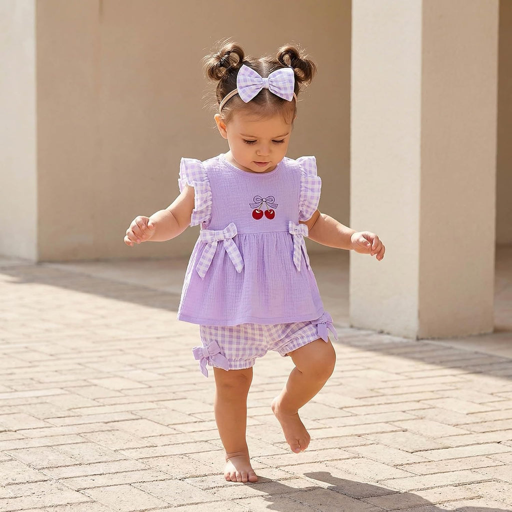 Toddler Baby Girl Outfits Plaid Flying Sleeve Ruffle Tops Shorts Sets and Headband Infant Baby Girl Summer Clothes