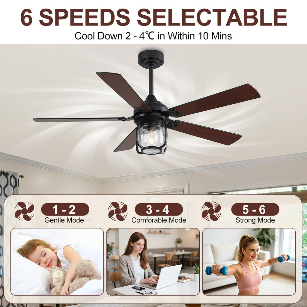 52 Inch Ceiling Fan with Light and Remote, Farmhouse Ceiling Fan, Rustic Ceiling Fan with Reversible DC Motor, 6