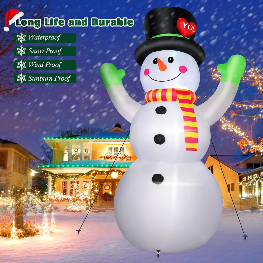 10FT Christmas Inflatables Snowman Wear Magic Hat, Blow Up Outdoor Decorations, Giant Snow Man Built-in Bright LED