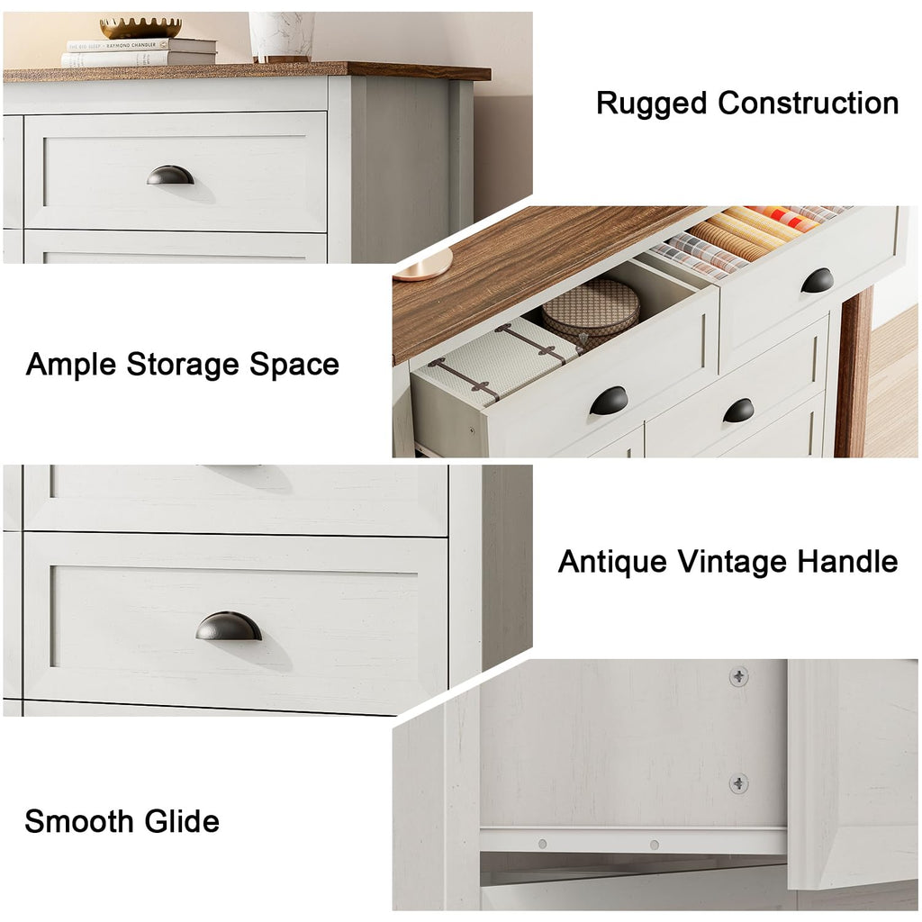 Antique White 8 Drawer Dresser, Farmhouse Wood Chest
