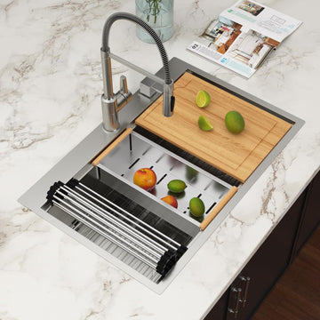33x22 Drop In Workstation Kitchen Sink with Accessories | 16 Gauge Stainless Steel, Single Bowl, Round Corner