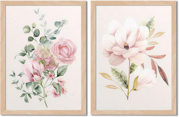 Framed Botanical Wall Art Set of 2, Pink Floral Canvas Prints with Natural Wood Frames, 16x20