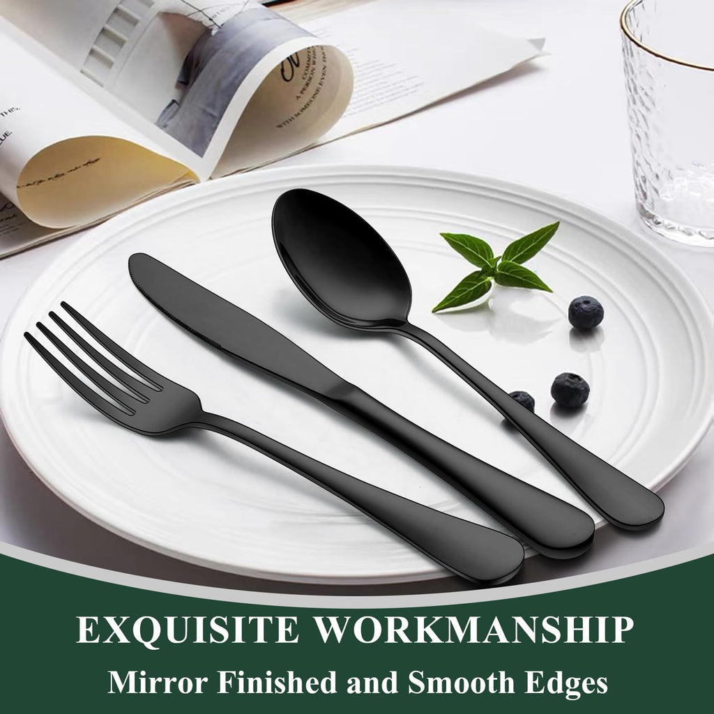 Black Silverware Set, Stainless Steel Flatware Cutlery Set Service for 8, Tableware Eating Utensils Include