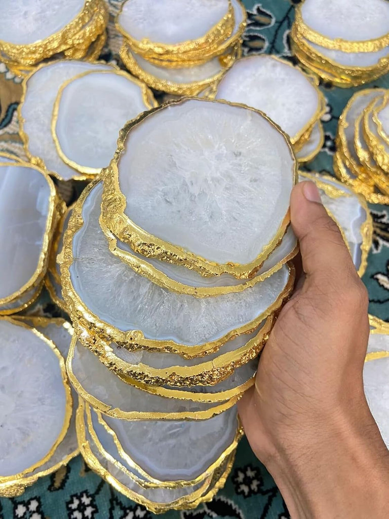 White Agate Stone Crystal Coasters with Gold Edge White Agate Coasters 3.5 to 4 inch Salted Agate Coaster - Set of 4