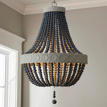 Farmhouse Chandeliers, Vintage Design Wood Bead Pendant Light Fixture, D18 x H26, Adjustable 59" Chains, 4 x E12 Sockets, Rustic Black Finish Bead & Dirt Grey Finish Metal Frame