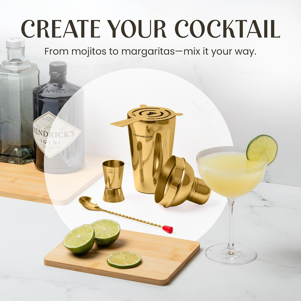 Cocktail Shaker Set - Bartender Kit with Pine Stand | Leak-Proof Design | Includes Martini Shaker, Jigger, Strainer - Set of 8
