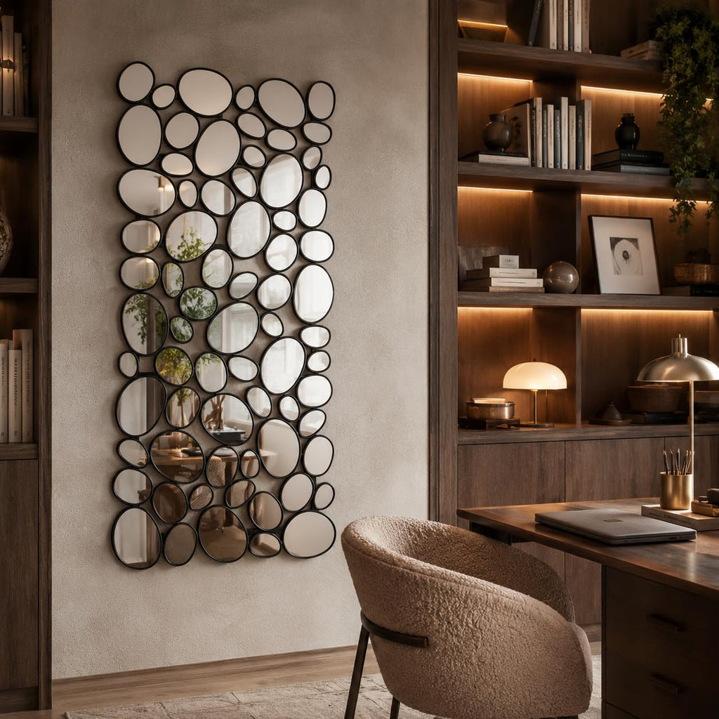 Black Mosaic Wall Mirror, 27.55" x 55" Large Pebble Geometric Decorative Mirror with 71 Irregular Mirror Pieces