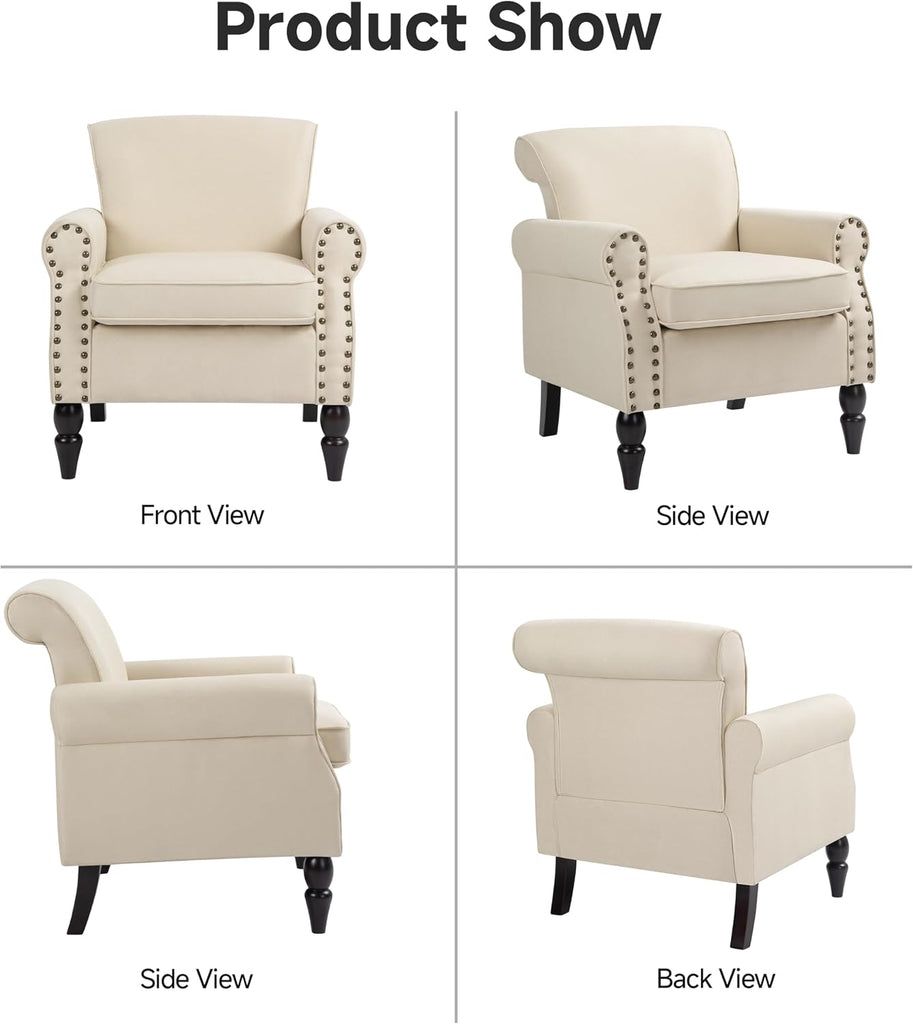 Wingback Accent Chairs Set of 2, Living Room Chair with Wood Legs, Beige | Mid-Century Modern Upholstered Armchair