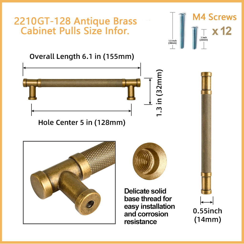 6 Pack Antique Brass Knurled Cabinet Pulls Drawer Handles, 5.04" c-c Vintage Brass Bar Drawer Pulls Knurled Dresser