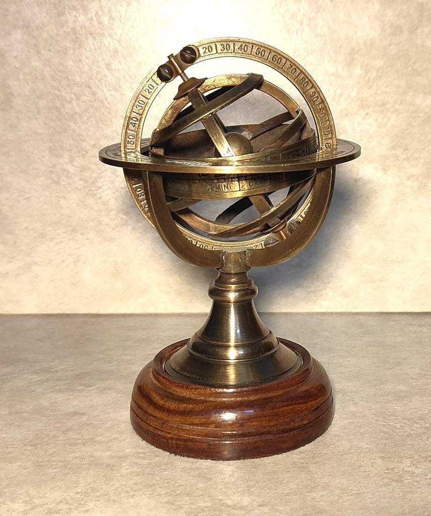 Antique Brass 6" Decorative Armillary Sphere Globe Astrolabe Zodiac Engraved Celestial Globe Wooden Base