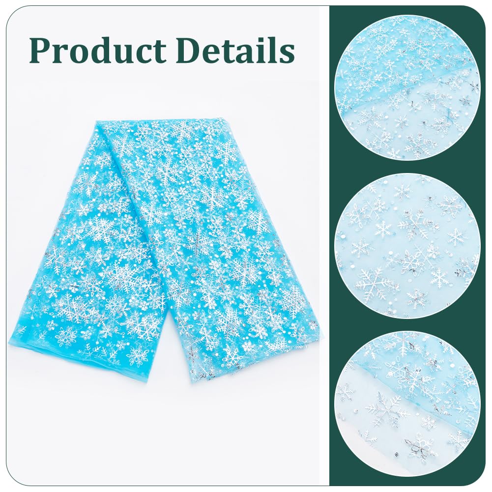 1 Yard Snowflake Tulle Fabric, 63inch Blue Sheer Organza Fabric with Silver Foil Snowflake Print for Garment