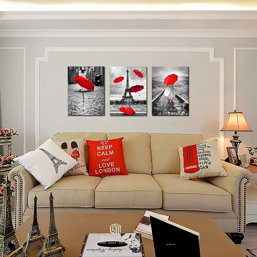 Black and white landscape Eiffel Tower 3 Piece Wall Bathroom Decorations Kitchen Wall decor modern red umbrella