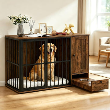 47.5" Heavy Duty Dog Crate Furniture with Bowl & Storage Cabinet