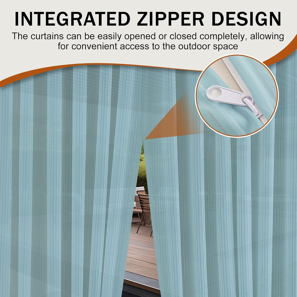 Outdoor Curtains Blue Sheer Curtains 84 Inches Long 2 Panels Set with Zipper Top & Bottom Grommet Outside Privacy