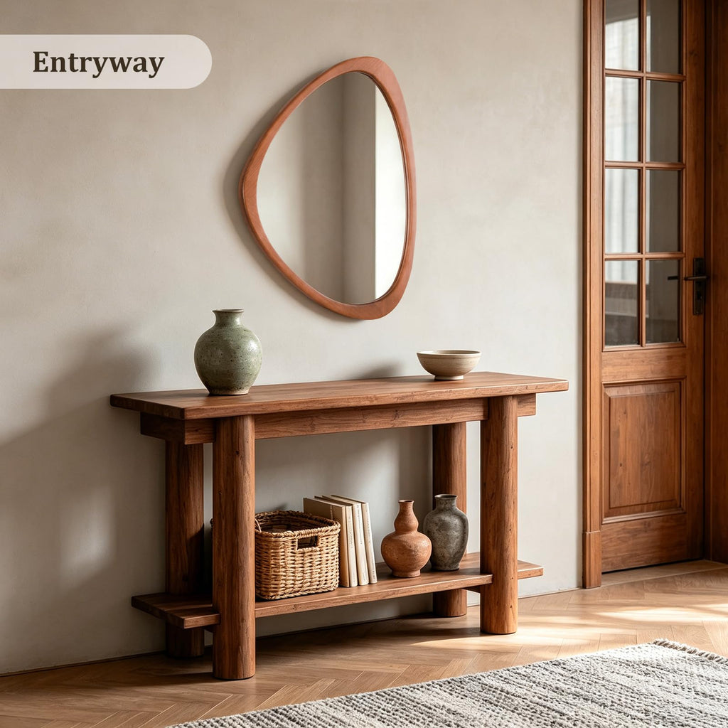 25 x 20 Asymmetrical Mirror, Irregular Wooden Wall Mirror - Boho Mid Century Modern Decorative, Solid Wood Frame