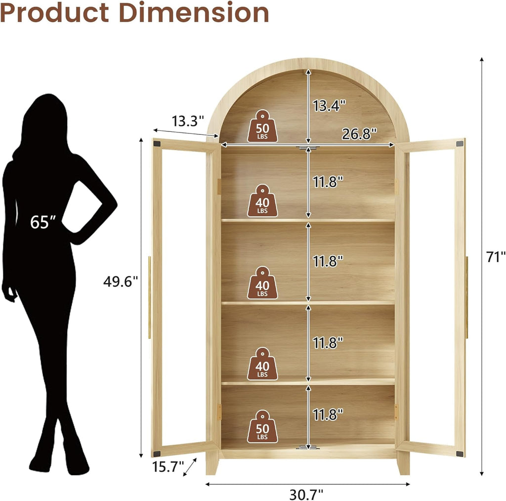 71" Arched Kitchen Pantry Storage Cabinet with Glass Doors | 5-Tier Display Cabinet for Collectibles, Tall Bookcase