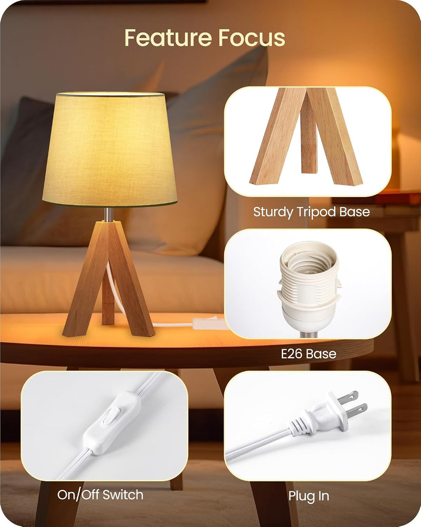 Tripod Table Lamp, Small Bedside Lamp with Wood Base & Green Fabric Shade, Little Cute Desk Lamp, Modern Nightstand