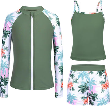 Rash Guard for Girls Long Sleeve 3 Piece Teens Swimsuits Zip Up Bathing Suit with Pockets Boyshorts