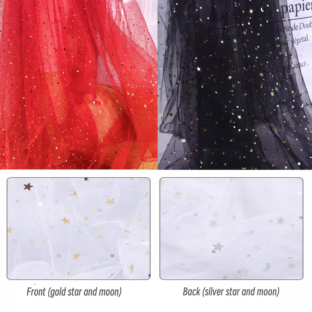 59" x 8 Yards Glitter Tulle Fabric Rolls Stars and Moon Sequin Tulle Fabric