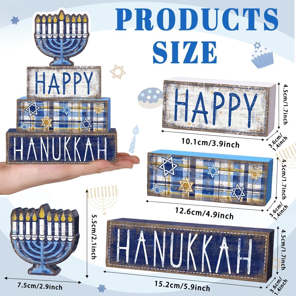 Hanukkah Table Decoration Happy Hanukkah Wooden Block Wooden Decoration Chanukah Table Centerpiece Sign Jewish - Set of 4