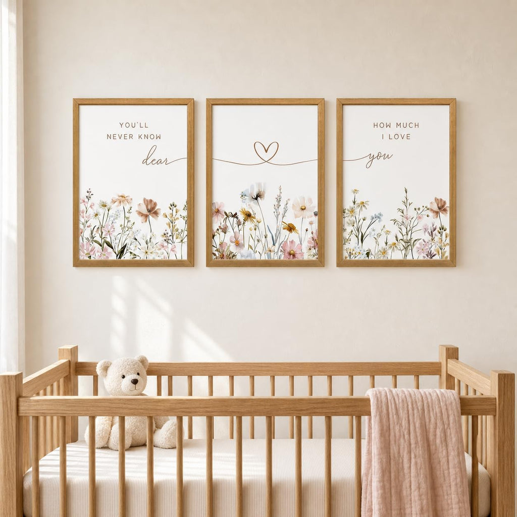 Wood Framed Nursery Wall Art Set of 3, Boho Wildflower Prints 12x16 Inch