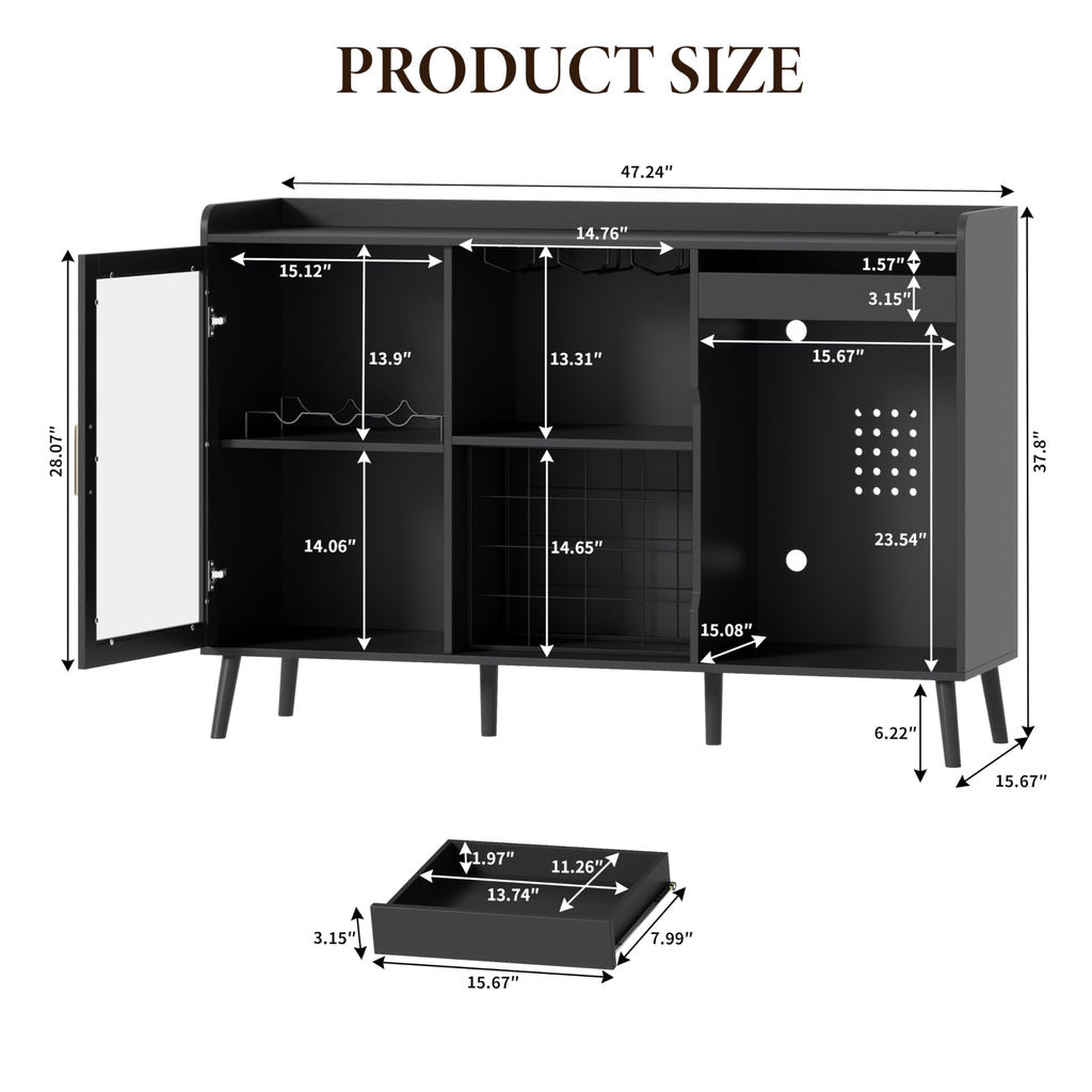 Coffee Bar Cabinet with Fridge Space, Black Wine Cabinets with Power Outlet