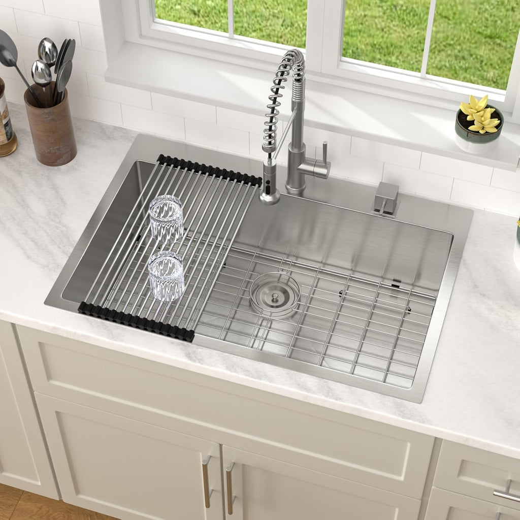 30 Inch Drop Sink Workstation 16 Gauge 304 Stainless Steel Single Bowl Top Mount Sinks, Round Corner 30"x22"x9"