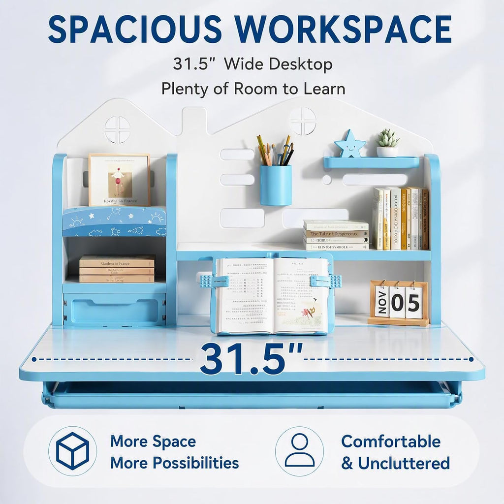 Height Adjustable Teen Study Desk, 31.5" with Chair, 50° Tiltable (Blue)