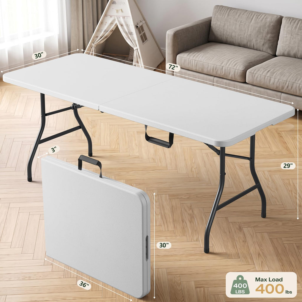 6FT Folding Table, Heavy Duty Plastic Fold-in-Half Utility Table with Handle, Portable Camping Picnic Table with