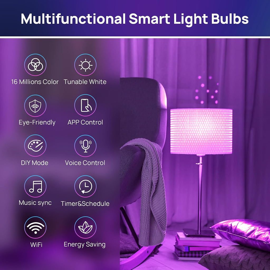 Smart LED Light Bulb, 60W Equivalent, Music Sync, Dimmable, 4 Pack