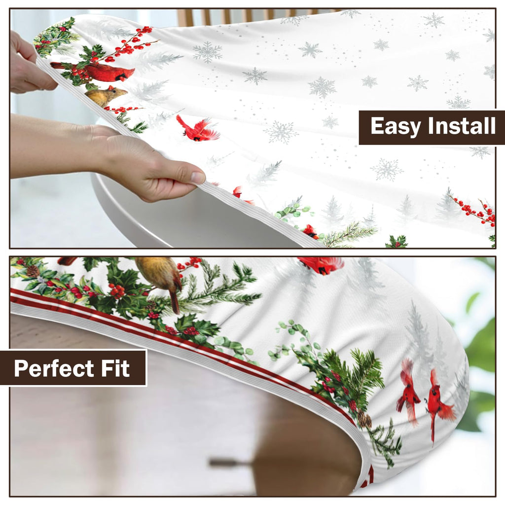 Winter Round Fitted Tablecloth with Elastic Edge, Water-Resistant Reusable Christmas Cardinal Bird Snowflake Red Table