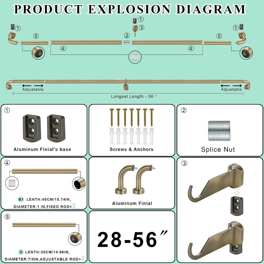 Antique Bronze Curtain Rod - 28-56" with 1" Diameter Discs, Adjustable Room Darkening Curtain Rod with Aluminum