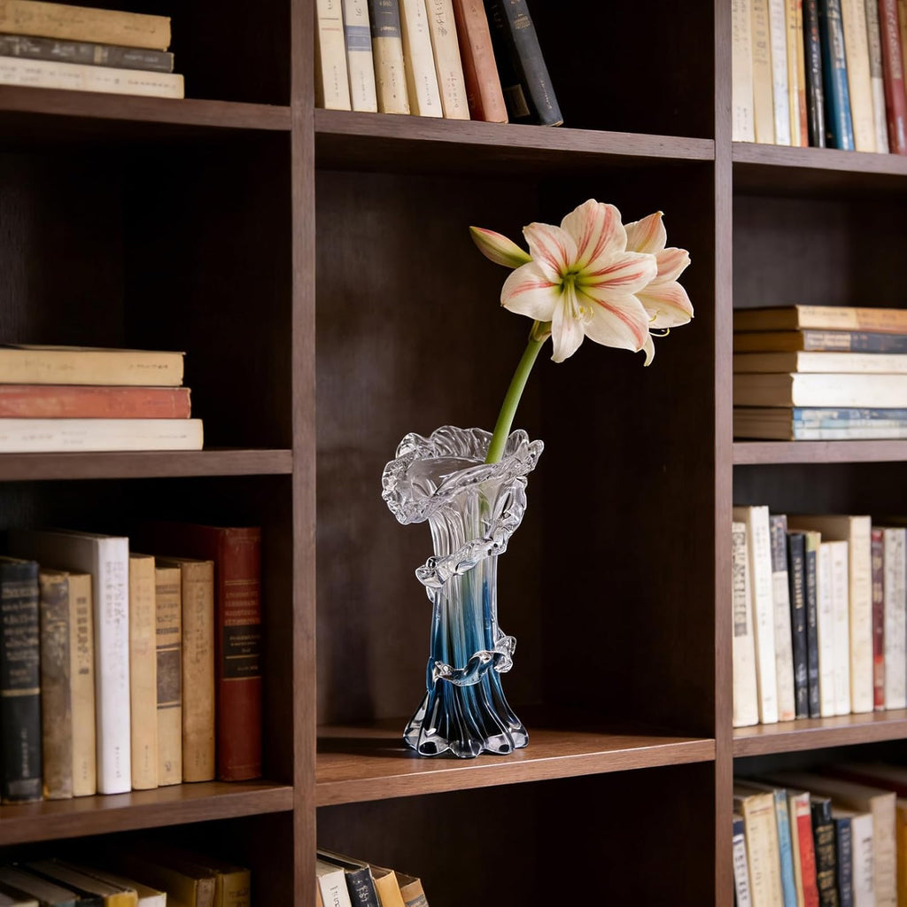 Hand Blown Blue Glass Vase, Unique Art Beautiful Ocean Glass Vase for Coastal Home Decor, Coffee Table, Living Room