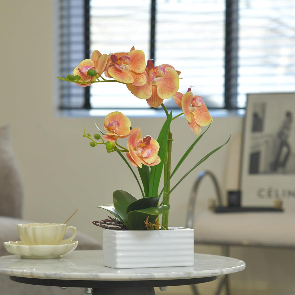 Artificial Real Touch Orchid Flowers with White Ceramic Vase, Orange