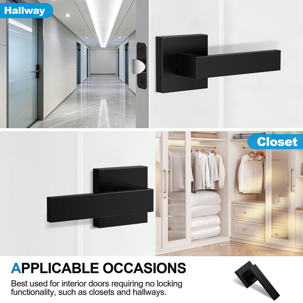 3 Pack Matte Black Door Handles, Passage Door Levers & Closet, Interior Keyless Door Knobs Heavy Duty Square