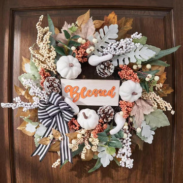 Fall Wreath for Front Door, Autumn Harvest Porch Decor, 22inch Blessed Fall Door Wreaths with White Pumpkin, thanksgving