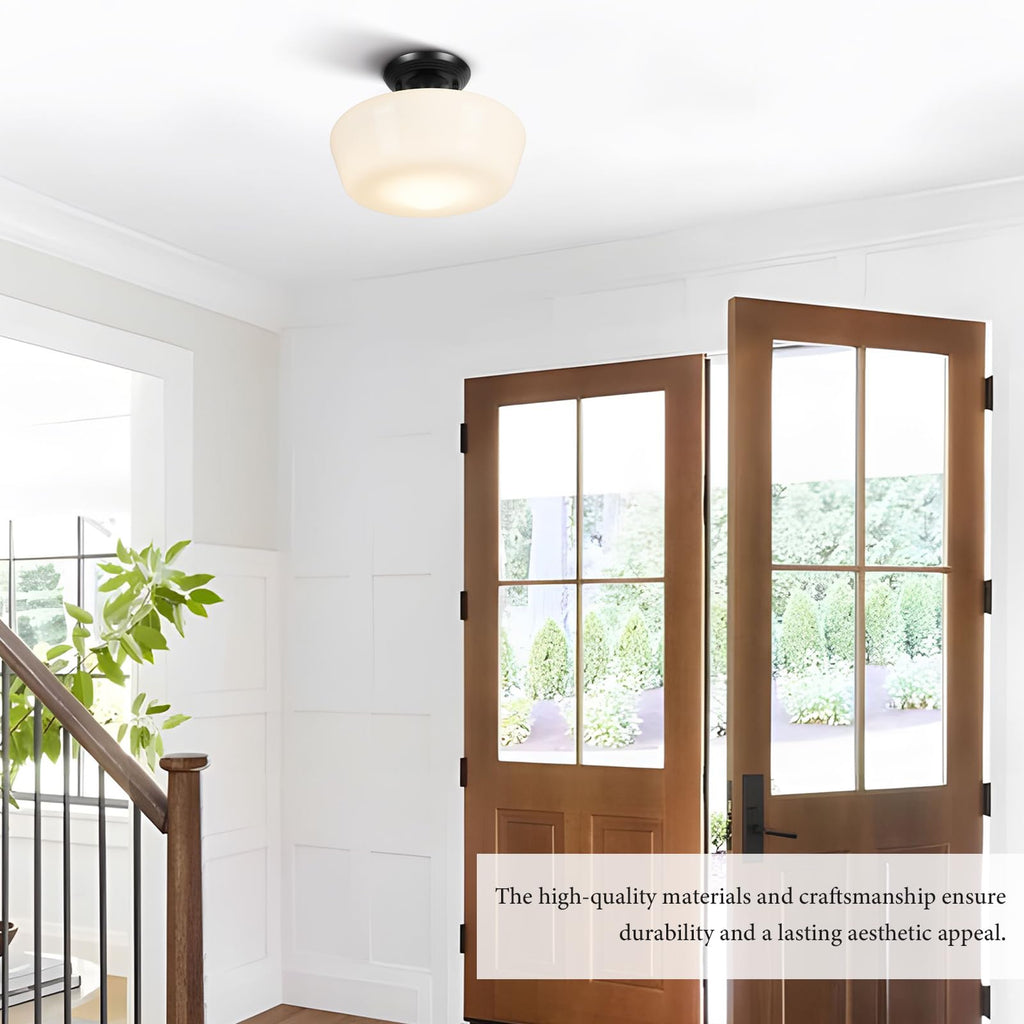 Schoolhouse Style Semi Flush Mount Ceiling Light Fixture, 12" Modern Hallway Ceiling Lamp with Opal Milk Glass Shade
