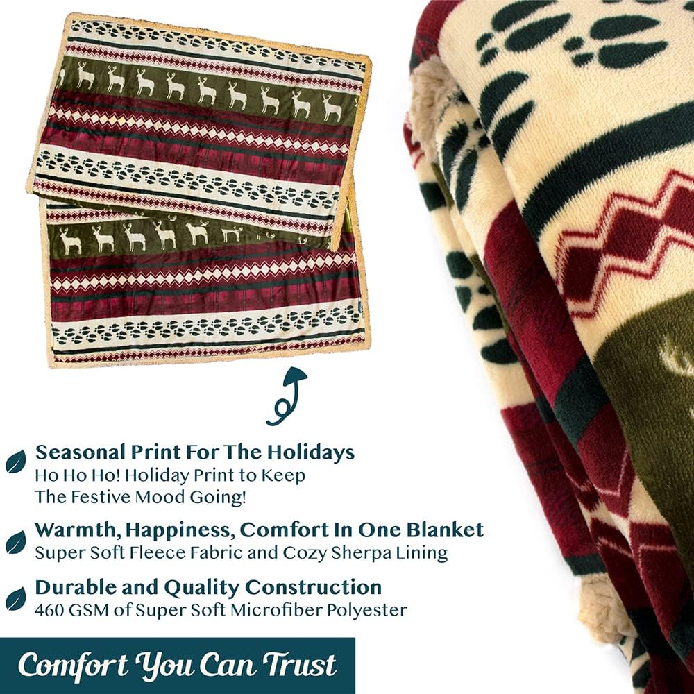 Premium Christmas Sherpa Throw Blanket, Green Red Cabin Design with Reindeer Print, Ultra Soft Reversible Fleece &