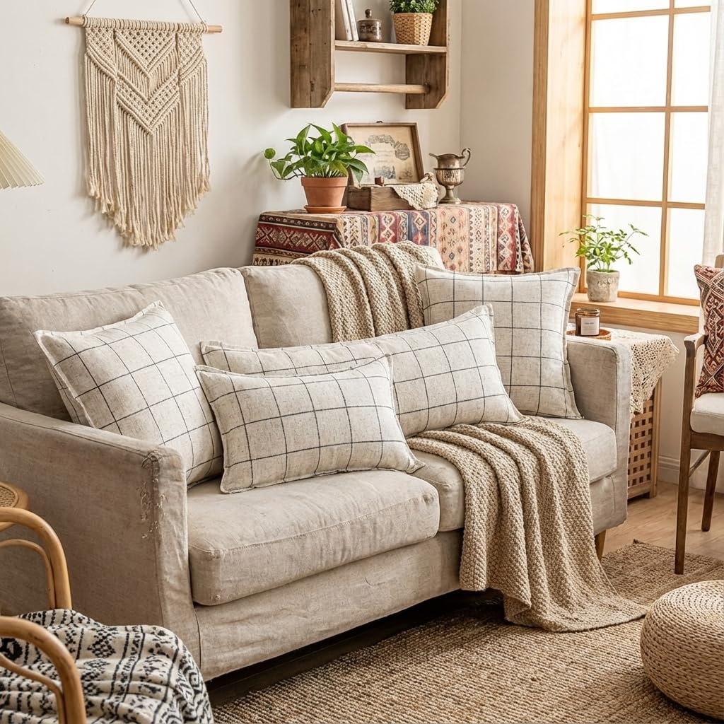 Cream White Plaid Minimalist Linen Decorative Pillow Covers 20x20 Set of 2