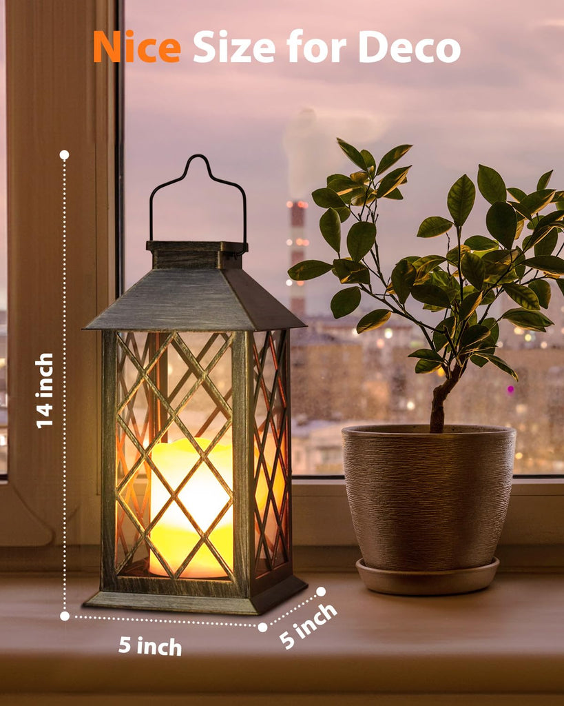 Solar Lanterns Outdoor Waterproof 14" Flickering LED, 2 Pack, Bronze