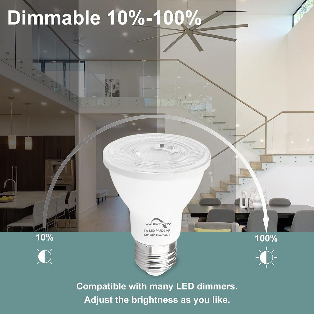Par20 Led Flood Light Bulbs 5000K Daylight Dimmable 50W Halogen Replacement 7W E26 40 Degree Spot Beam Angle Indoor
