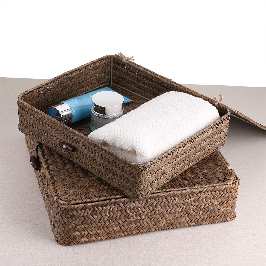 Set of 2 Flat Woven Wicker Storage Bins with Lid Seagrass Basket | Natural Decorative Baskets Multipurpose Home Boxes