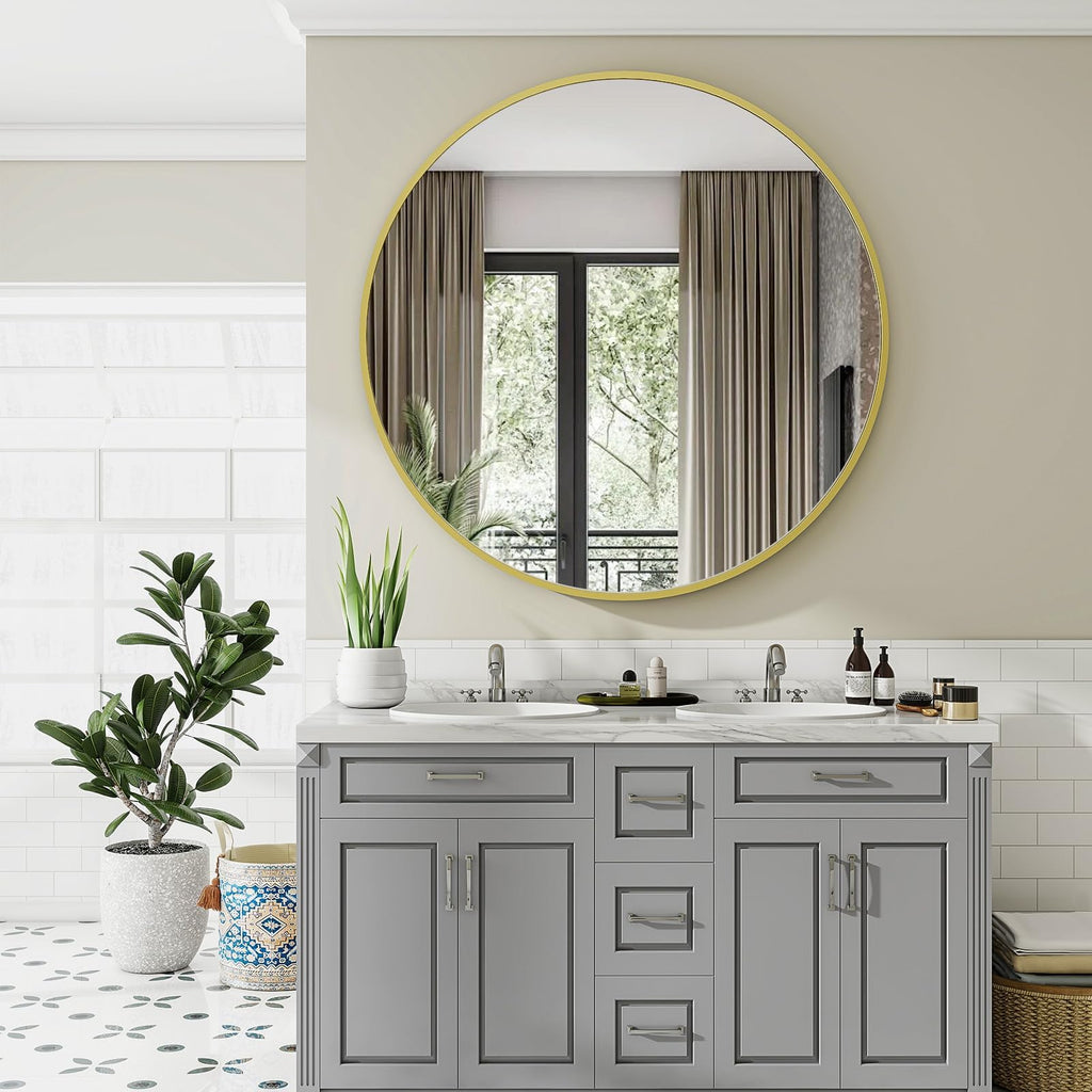Large Gold Round Bathroom Mirror 48" with Thin Metal Frame