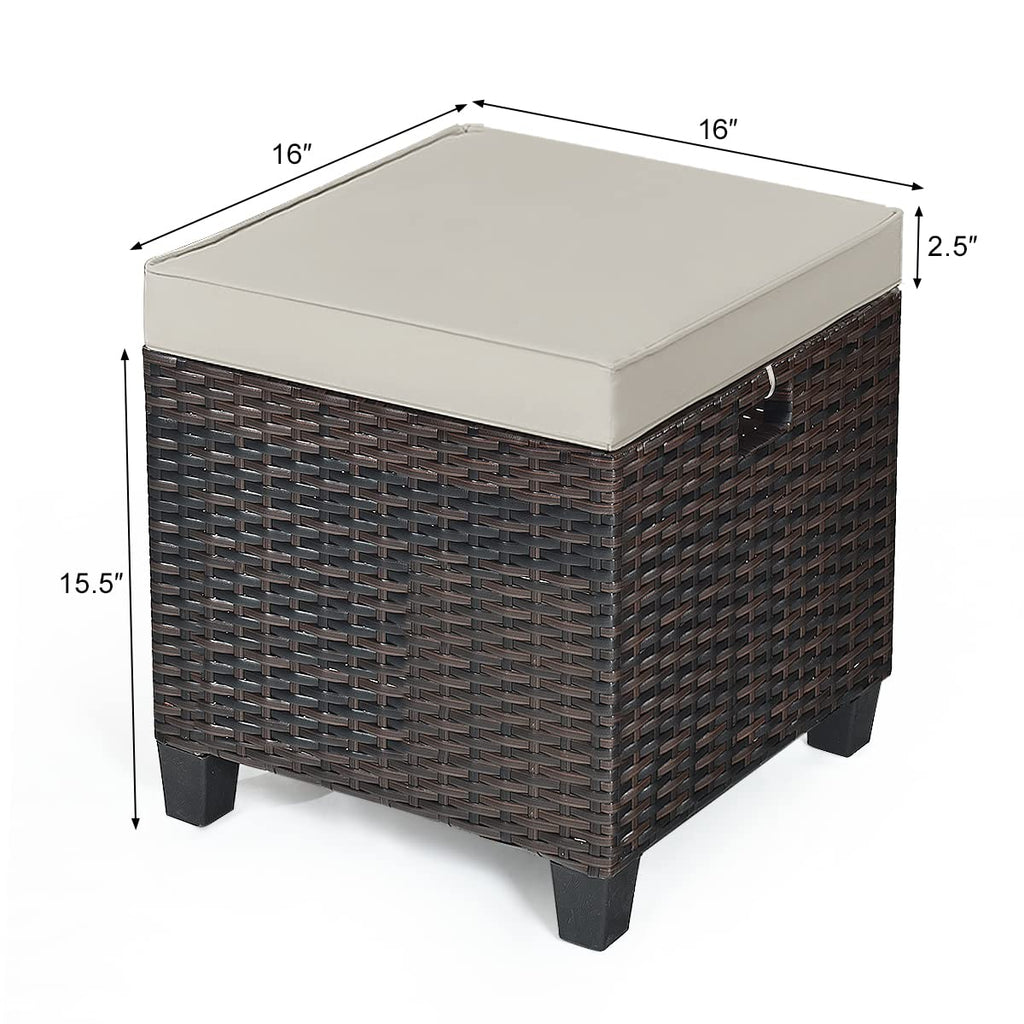 Set of 2 Outdoor Ottoman, 16" Wicker Footstools, All-Weather Rattan Cube Foot Stool w/Removable Cushions, Square