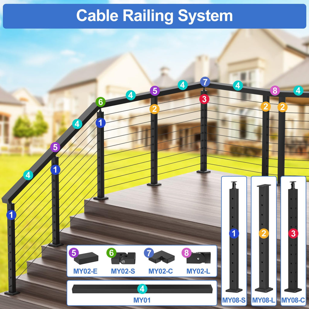 4FT-10FT Complete Set Stair Cable Railing Kit, 36" Black Swageless Cable Railing Kit Includes 2Pack Angle Stair