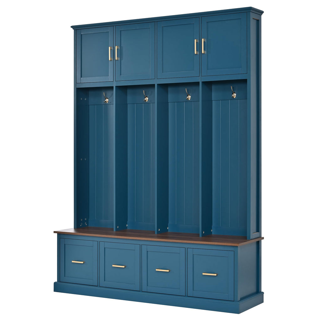 Farmhouse Hall Tree with Storage Cabinet & Shoe Bench, Navy Blue
