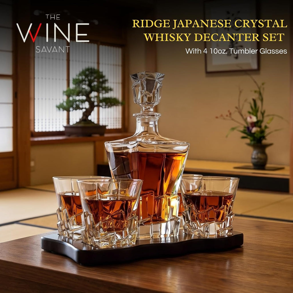 Ridge Japanese Crystal Whisky Decanter Set with 4 Tumbler Glasses, Lead-Free Liquor Carafe & 10oz Rocks Glasses